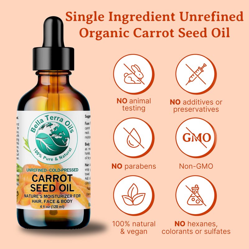 Bella Terra Oils - Organic Carrot Seed Oil 8 oz - Not Just for Tanning, Packed with Antioxidants, Cold-Pressed for Ultimate Skin Embrace & Natural Shine