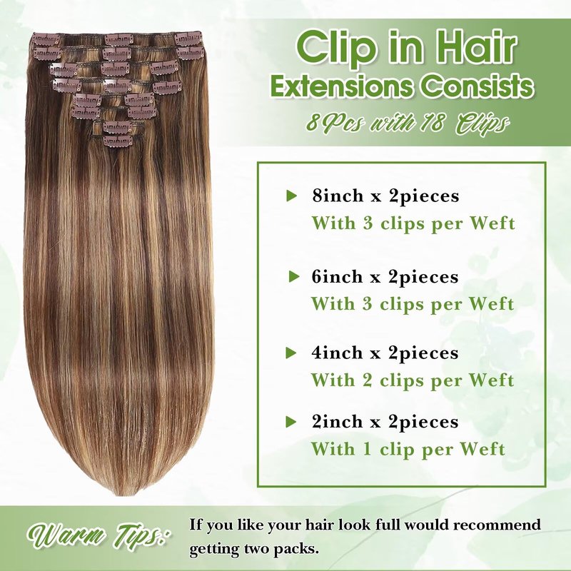 Clip in Hair Extensions Real Human Hair Balayage 14inch Chocolate Brown and Honey Blonde Human Hair Clip in Extensions 100% Human Hair Highlight Seamless Clip ins Extension for Women 8pcs Double Weft