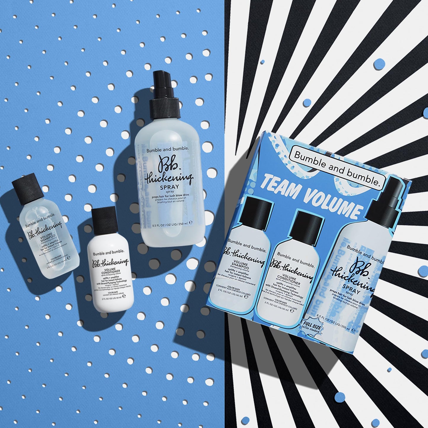 Bumble and bumble. Team Volume Thickening 3-Piece Gift Set | Shampoo, Conditioner, Thickening Spray | Includes Full Size Blow Dry Spray | Color Safe | Perfect for Gifting | Fine to Medium Hair