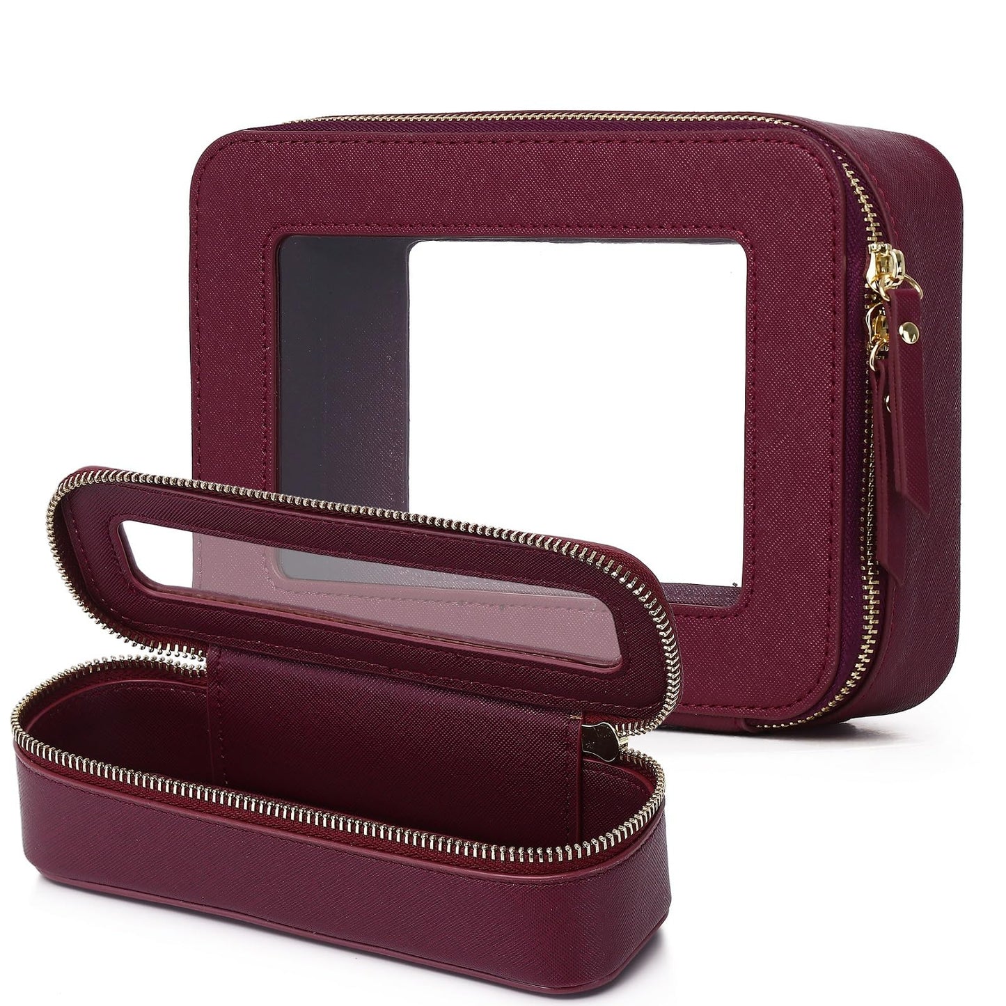 Pinkmik Travel Clear Makeup Bag with Brush Case TSA Approved Toiletry Bag Waterproof Cosmetic Organizer with Zipper Car Essential for Women (X/Burgundy, M+SLIM)