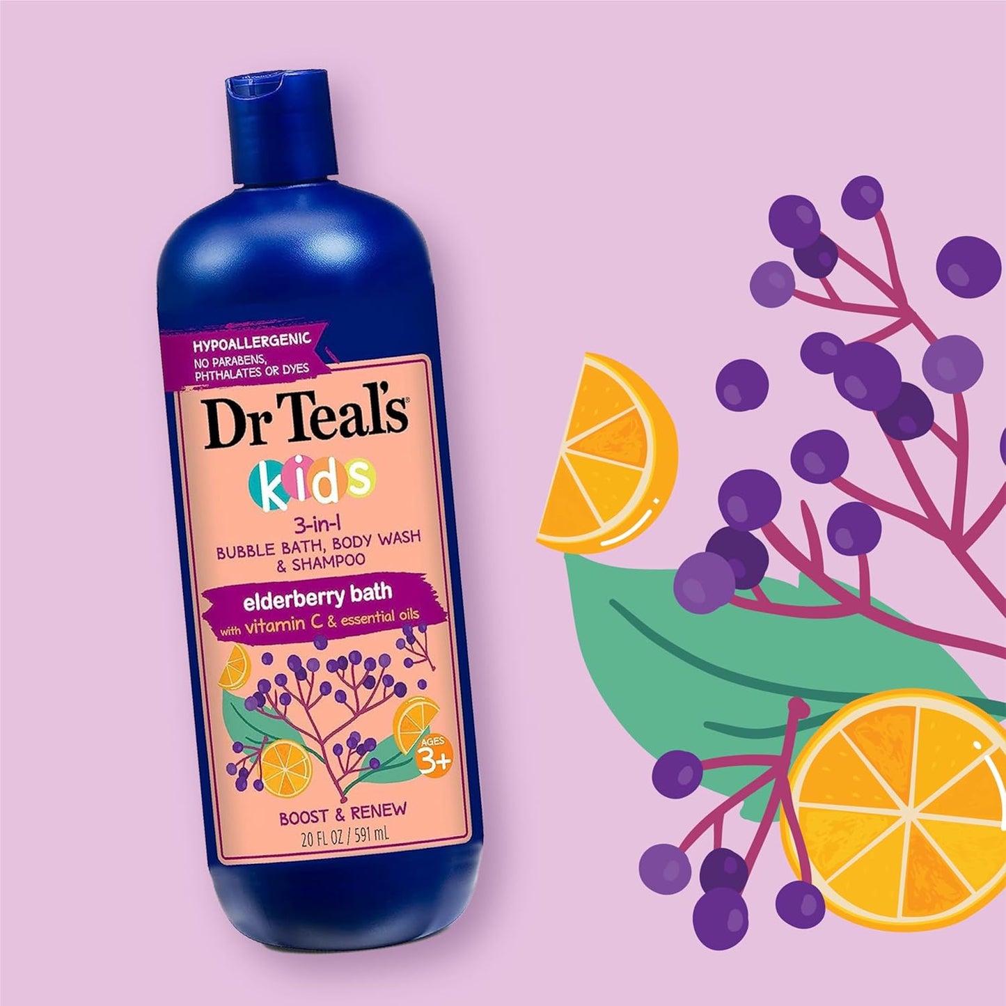 Dr Teal's Kids 3-in-1 Bubble Bath | Body Wash & Shampoo with Elderberry & Vitamin C - 20 fl oz (Pack of 3)