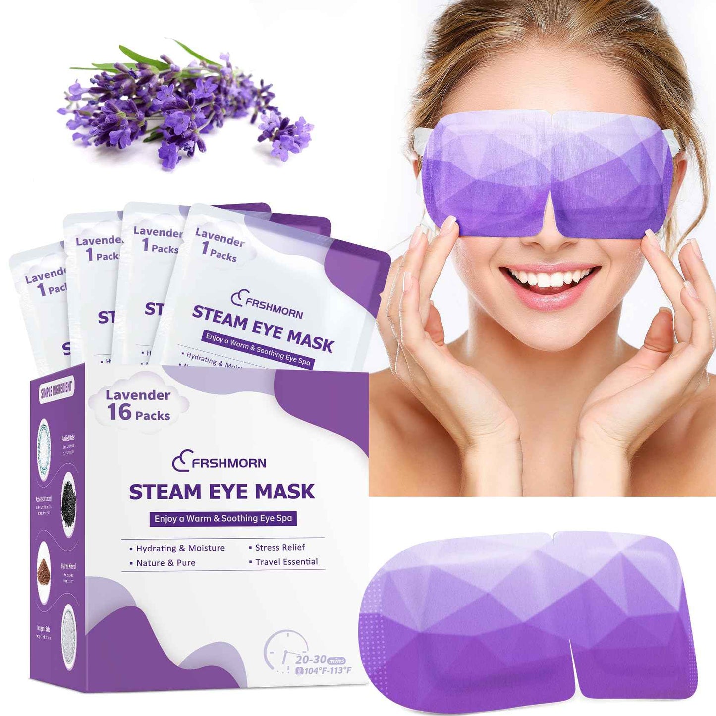 FRSHMORN 32 Packs Steam Eye Mask, Heated Eye Mask Warm Compress for Eyes, Self Heating Disposal Eye Mask Comfortable Sleep Mask for Home Spa, Travel Essentials (Lavender & Chamomile)