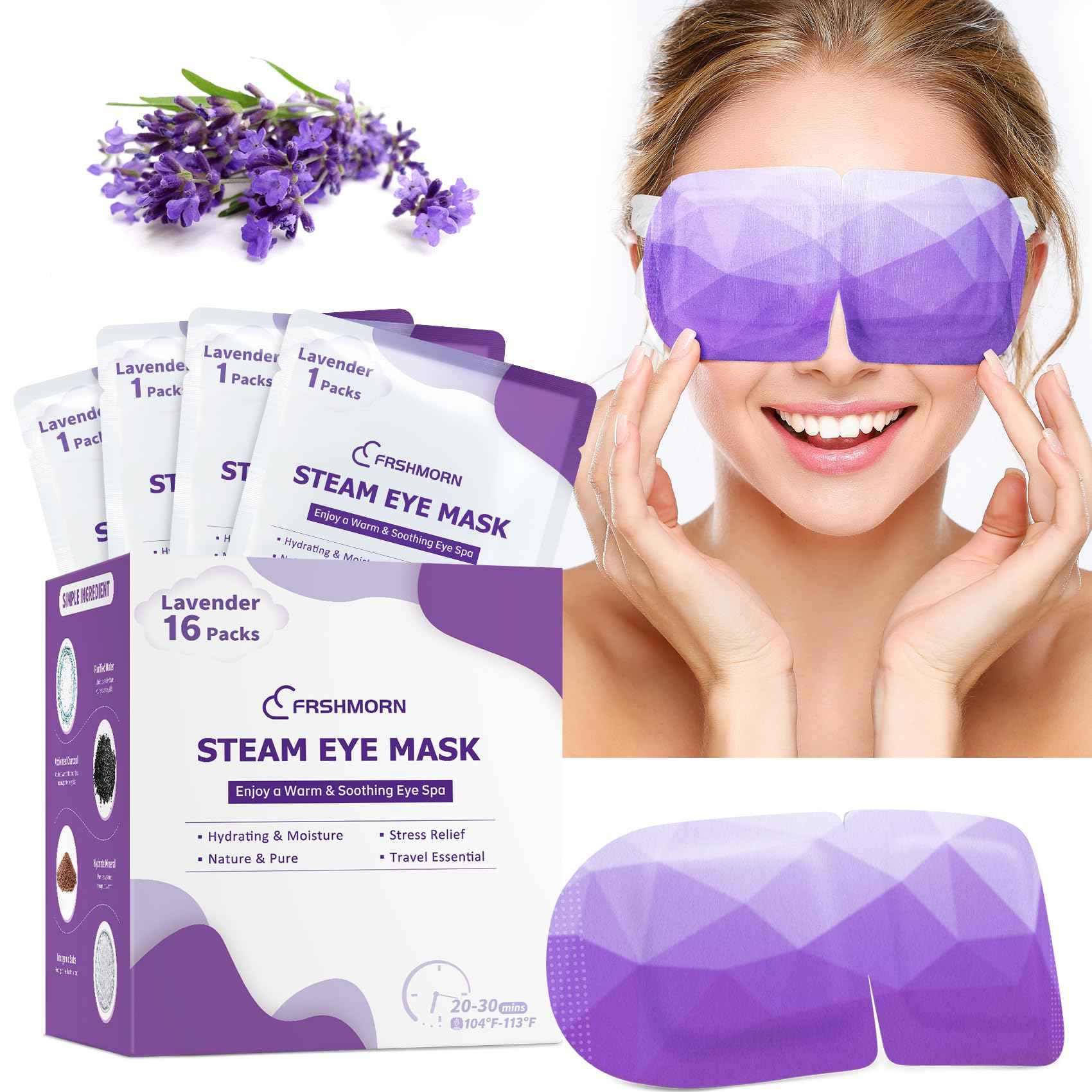 FRSHMORN 32 Packs Steam Eye Mask, Heated Eye Mask Warm Compress for Eyes, Self Heating Disposal Eye Mask Comfortable Sleep Mask for Home Spa, Travel Essentials (Lavender & Chamomile)