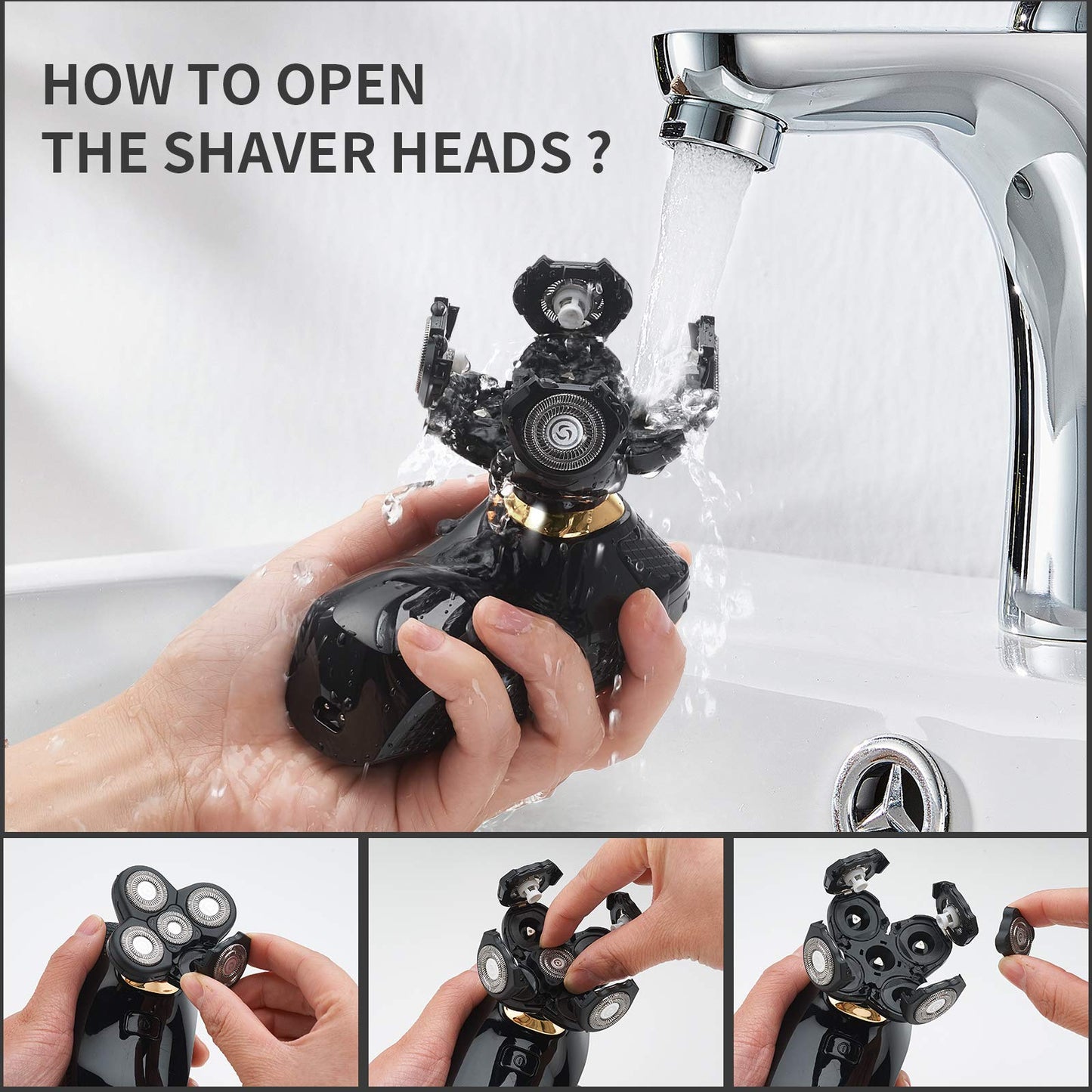 HONTEC 4 in 1 Electric Head Shaver Set - Bald Shaver, Wet & Dry, Cordless, with Nose & Ear Trimmer, Facial Cleansing, Rechargeable, IPX6 Waterproof
