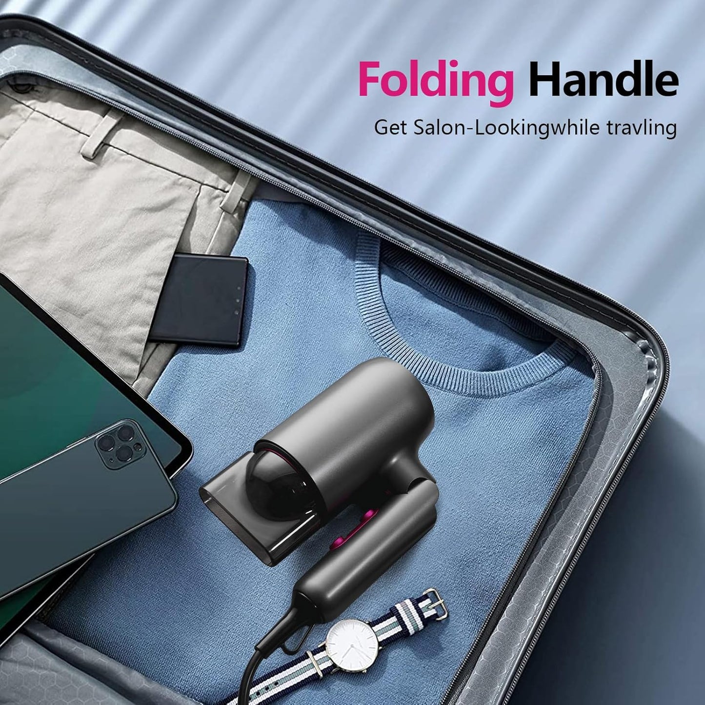 Portable Hair Dryer - Ionic Fast Drying with Blue Light Scalp Care | Foldable Design, 2 Speeds, Diffuser & Nozzle