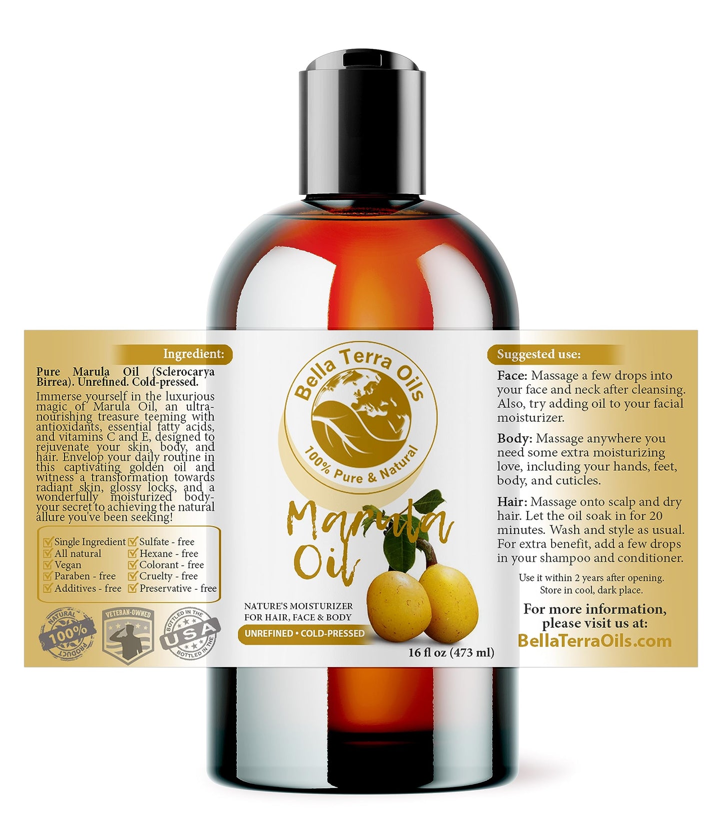 Bella Terra Oils - Marula Facial Oils 16oz - Dive Deep into the Luxury of Nature, Rich in Flavonoids & Minerals, Daily Dose of Radiance