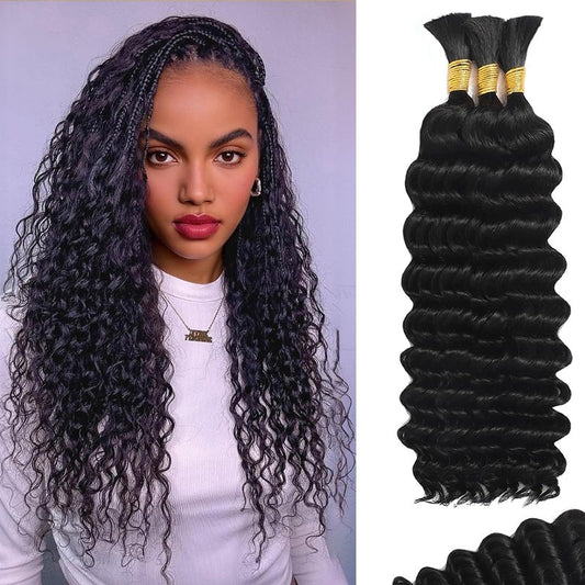 Human Braiding Hair for Boho Braids 110g 16 Inch Deep Water Wave Curly Bulk 100% Human Hair Curly Deep Wave Bundles for Braiding Knotless, Wet and Wavy Crochet Hair Extensions Bohemian Micro Braiding