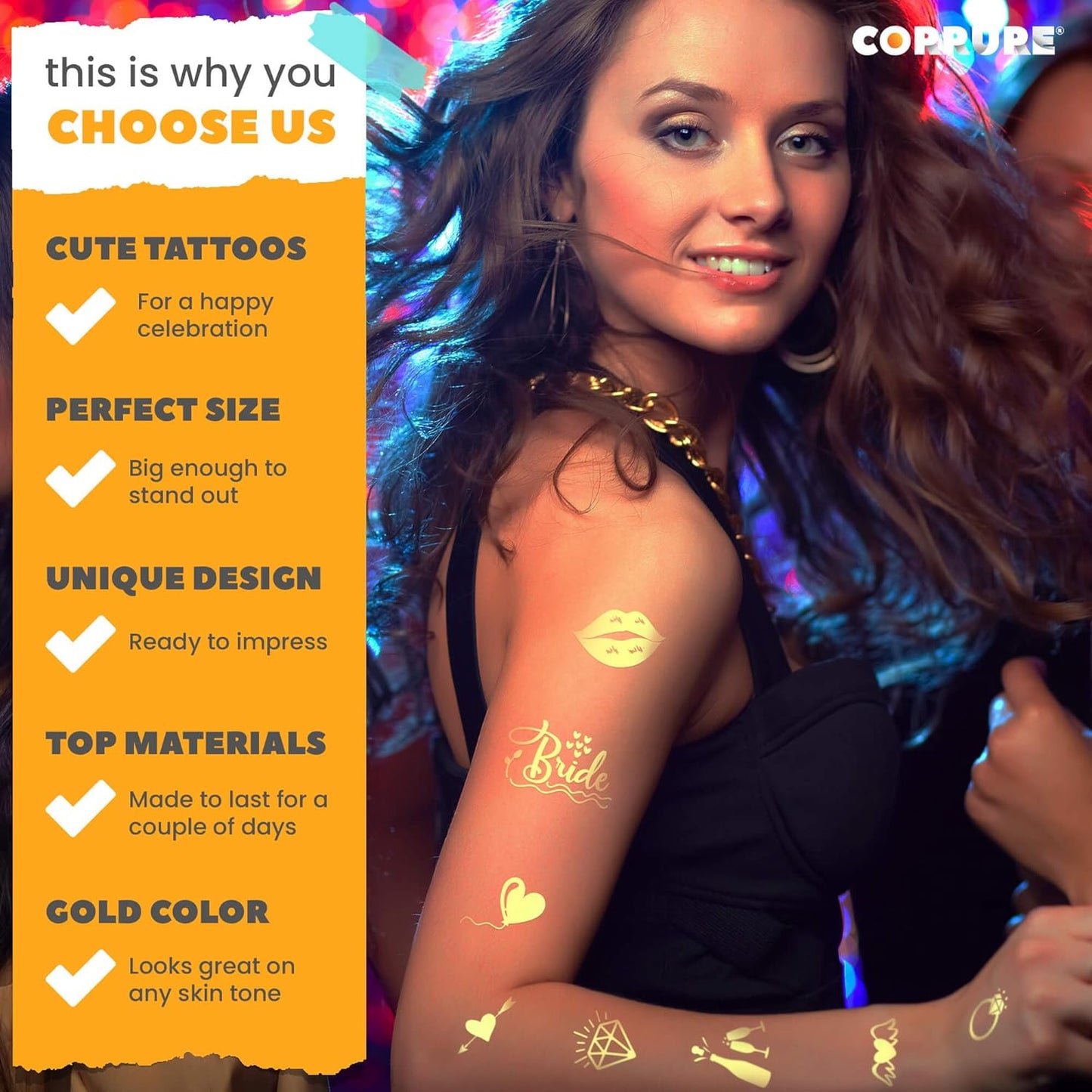 CORRURE Bachelorette Tattoos - 38pcs Gold Temporary Metallic Tattoo Stickers for Bridesmaids and Bride Tribe - Bachelorette Party Decorations, Bridal Party Favors, Games and Women Accessories