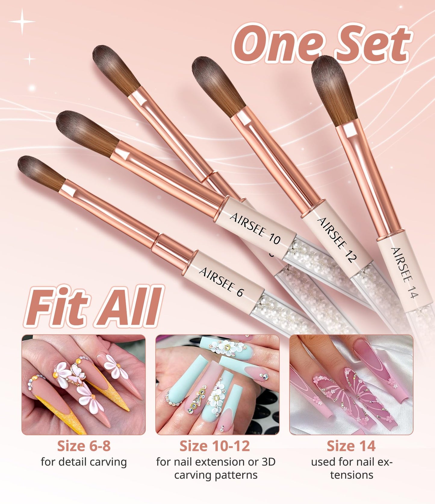 AIRSEE 5PCS Acrylic Nail Brush Set, Size 6/8/10/12/14 for Acrylic Powder Brushes, Nail Extension & 3D Carving Beginner & Professional Use DIY Salon Home, Pearl