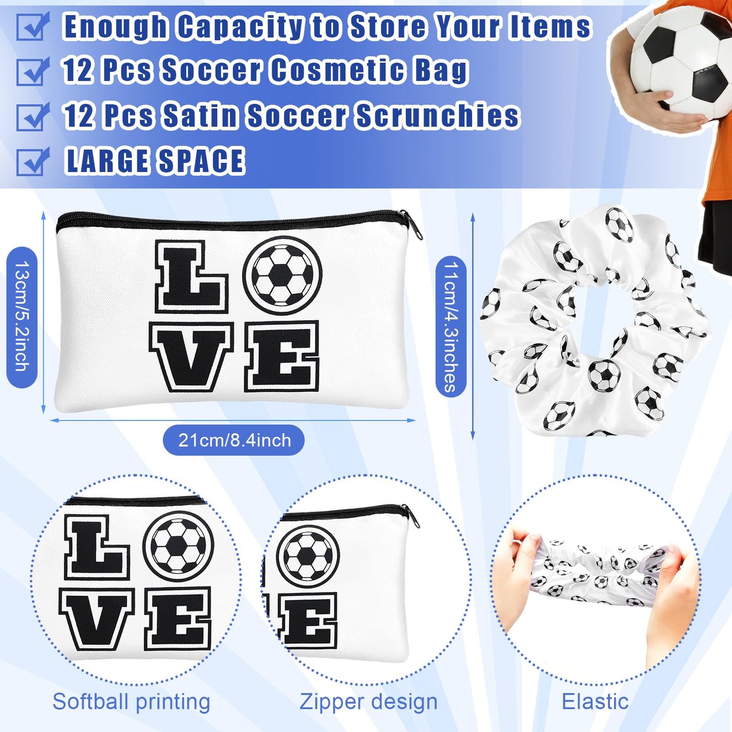 Locmeo 48 Pcs Soccer Team Gifts Include 12 Makeup Bags, 12 Hair Scrunchies, 12 Lip Balms, 12 Lip Balm Holders for Soccer Players, Girl Sports Team Accessories