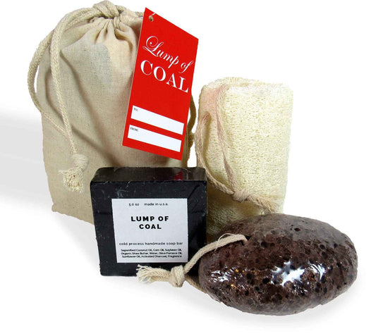 Lump of Coal Gift For The Naughty List Novelty Activated Charcoal Bar Soap With Black Lava Foot Pumice Stone and Natural Loofah Bath Set