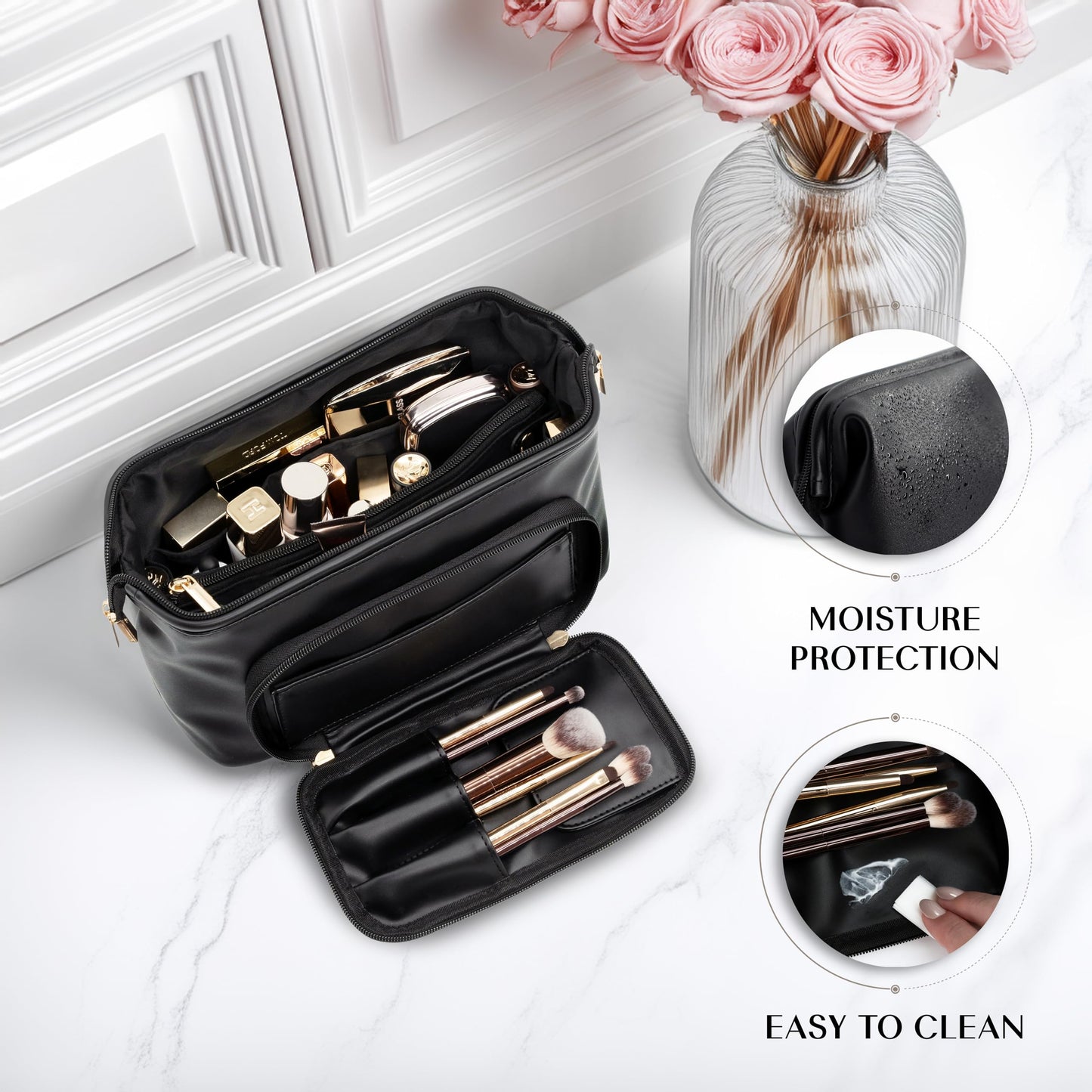 TREND-X PU Leather Makeup Bag with Brush Compartment, Open Flat Travel Cosmetic Organizer for Women, Large Capacity Vanity Makeup Bag