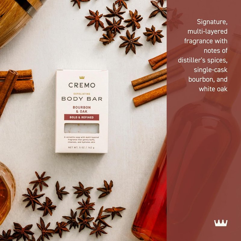 Cremo Exfoliating Body Bar for Men - Bourbon & Oak Scent | Hydrating 5oz Bar for Buffing & Cleansing Skin