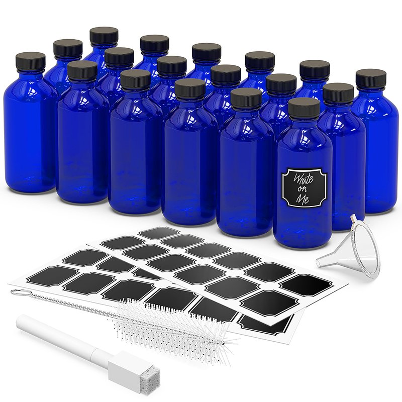 Nevlers 8 Oz Glass Bottles with Lids 18 Pack | Leakproof 8oz Bottles with Lids, Funnel, Brush, Marker & Labels | Cobalt Blue Bottle Set For Use as Glass Juice Jars, Vanilla Extract Making Kit & More