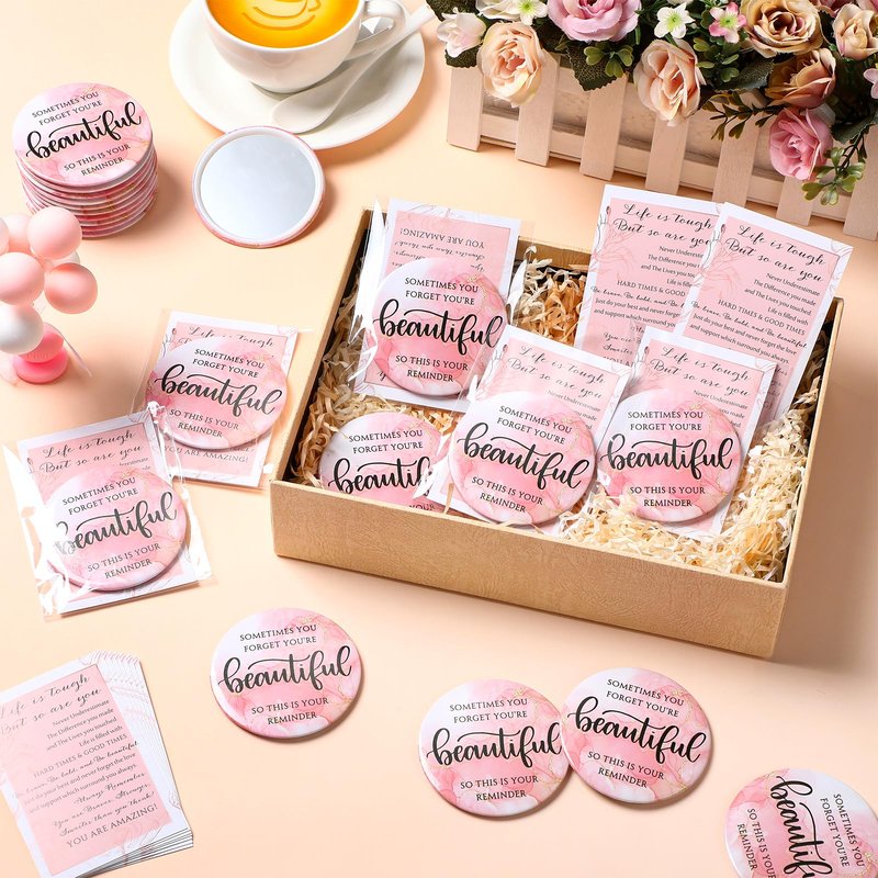 Cinnvoice 50 Sets Pink Mirror Gifts for Women Inspirational Mini Compact Mirror Bulk Small Round Pocket Makeup Graduation Gifts for Teacher Nurse Team Students Coworker (Beautiful)