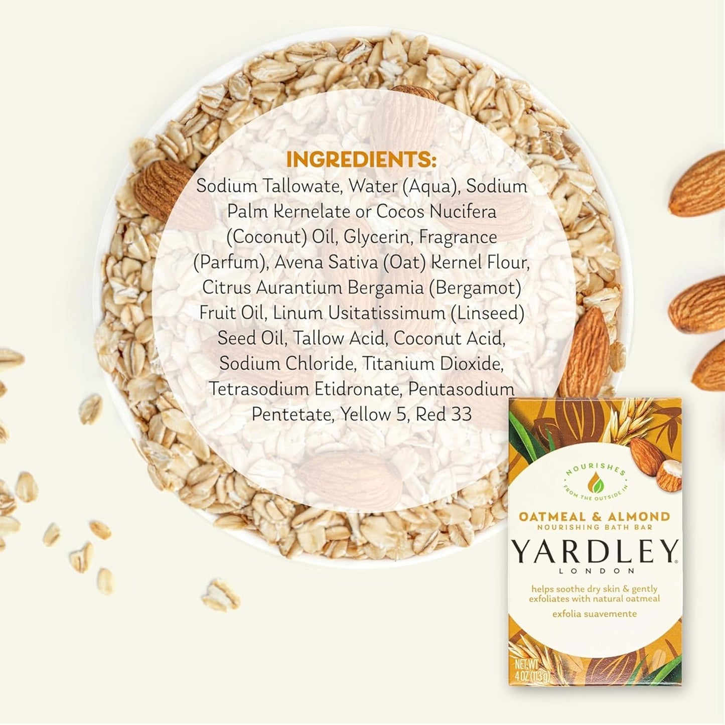 Yardley London Oatmeal & Almond Bath Bar - Naturally Moisturizing | 4 oz (Pack of 10)
