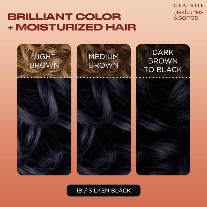 Clairol Textures & Tones Permanent Hair Dye, 1B Silken Black Hair Color | Ammonia-Free | Moisture-Rich Formula with Argan, and Olive Oil for Brilliant Shine | Pack of 1