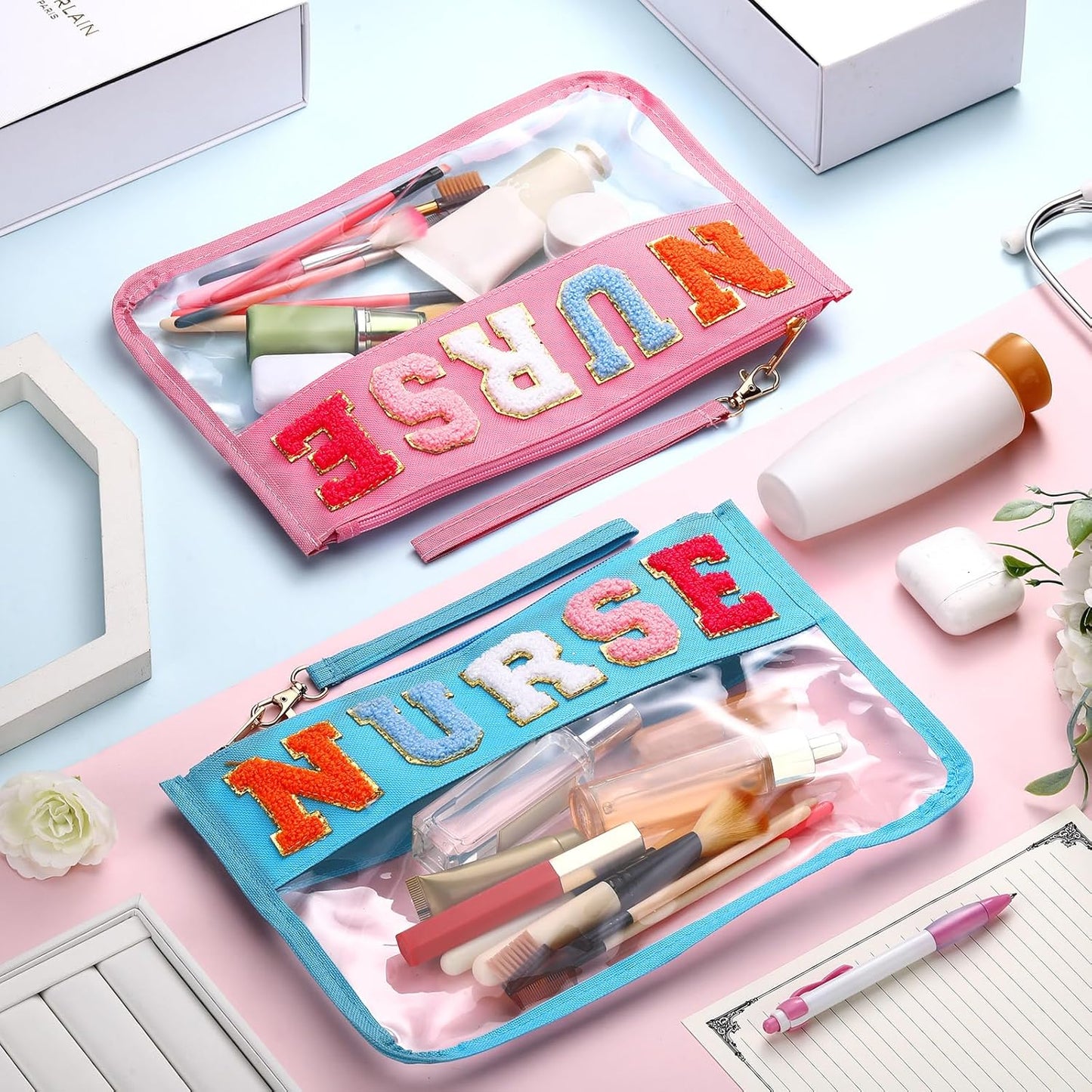 Nurses Bags Appreciation Gifts - 4 Pcs Chenille Letter Makeup Bags | Waterproof Travel Pouch for RN Graduation