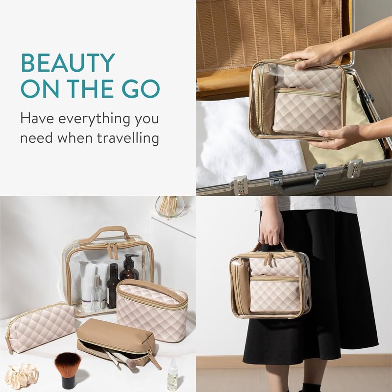 Navaris 4-in-1 Travel Cosmetic Bags - Lightweight Portable Makeup Organizer - TSA-Approved Toiletry Bag Set | Brown