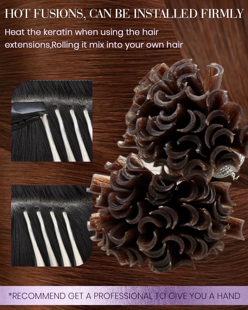 LaaVoo Ktip Human Hair Extensions - Auburn Silky Straight U Tip | 20 Inch, 50g/50s