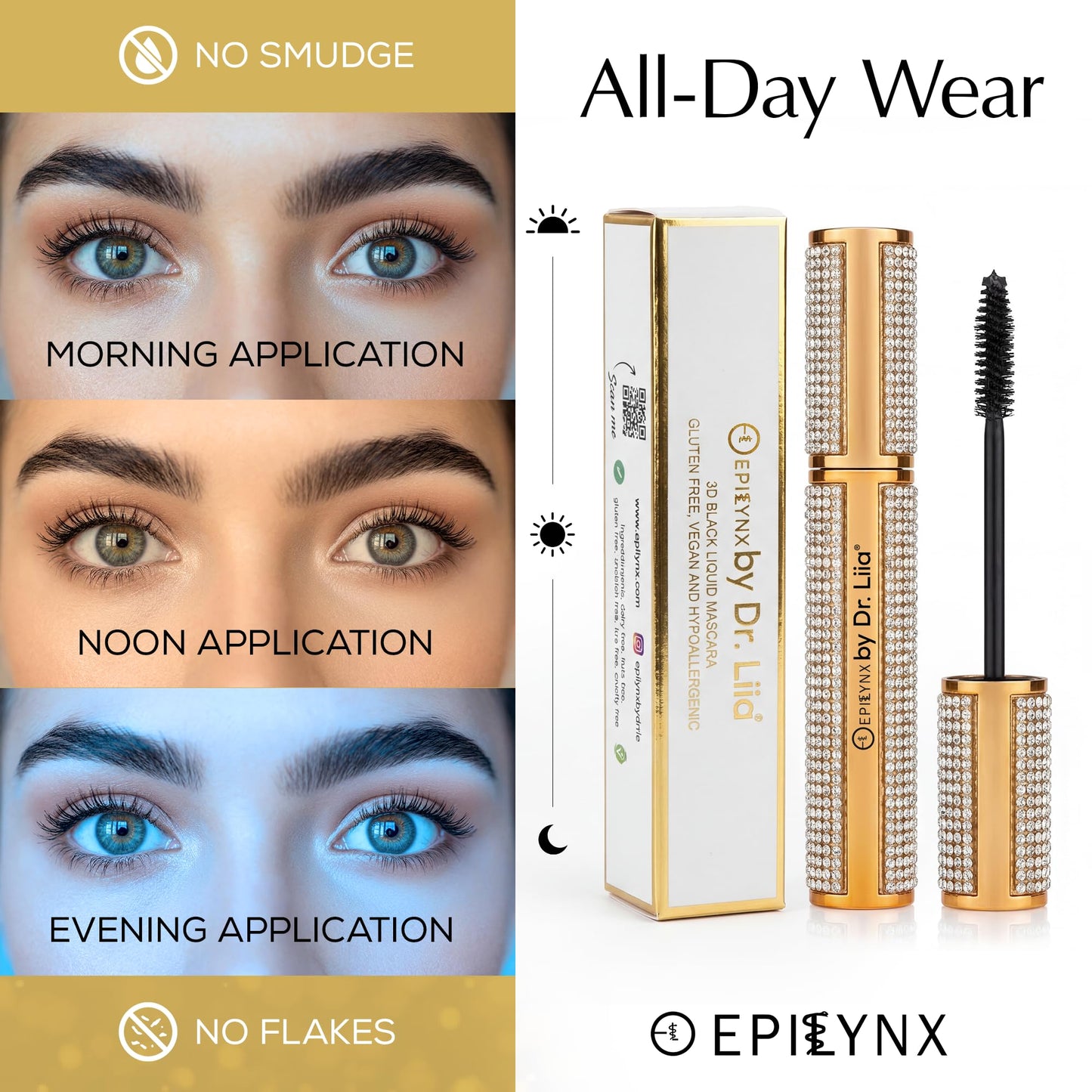 EpiLynx by Dr. Liia Volumizing Vegan Mascara – Lengthening Black Mascara for Bold, Defined Lashes, Smudge-Proof, Waterproof, Gluten-Free, Cruelty & Paraben-Free (Gold Diamond Case)
