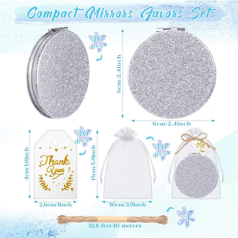 Chunful 30 Sets Compact Magnifying Mirrors Gifts with Thank You Card and Rope Quinceanera Party Favors for Guests Bridal Shower Wedding Souvenir Bridesmaids Mother's Day (Silver)