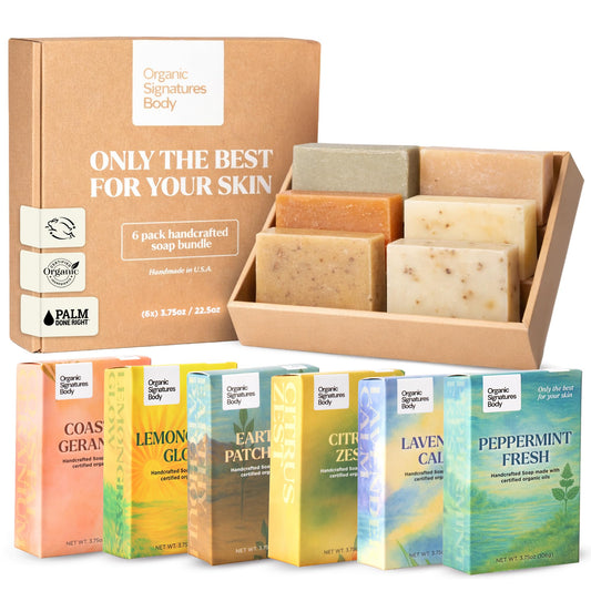 Organic Soap Bar Set - 6 Pack, Cold Process Natural Bar Soap for Women & Men for Sensitive Skin, Body, Face and Hands, Leaping Bunny Certified, Aromatherapy Bath & Shower Gift Set, Made in USA