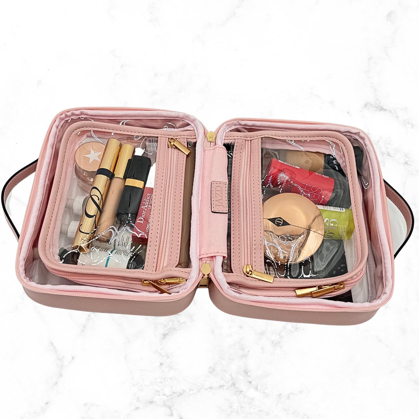 JAZD Clear Makeup Bag Toiletry Bag for Women Cosmetic Case Large Capacity Travel Make Up Bag Organizer Transparent Storage Compartment TSA Approved (PINK)