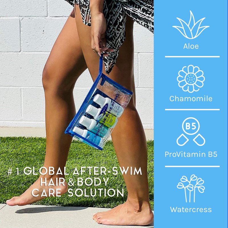 TRISWIM Shot Set in Travel Bag | 2oz Travel Size Chlorine Removal Shampoo, Swimmer’s Conditioner, Swim Body Wash and Lotion | Removes Chlorine, Bromine, Hard Water Minerals & Saltwater and odors
