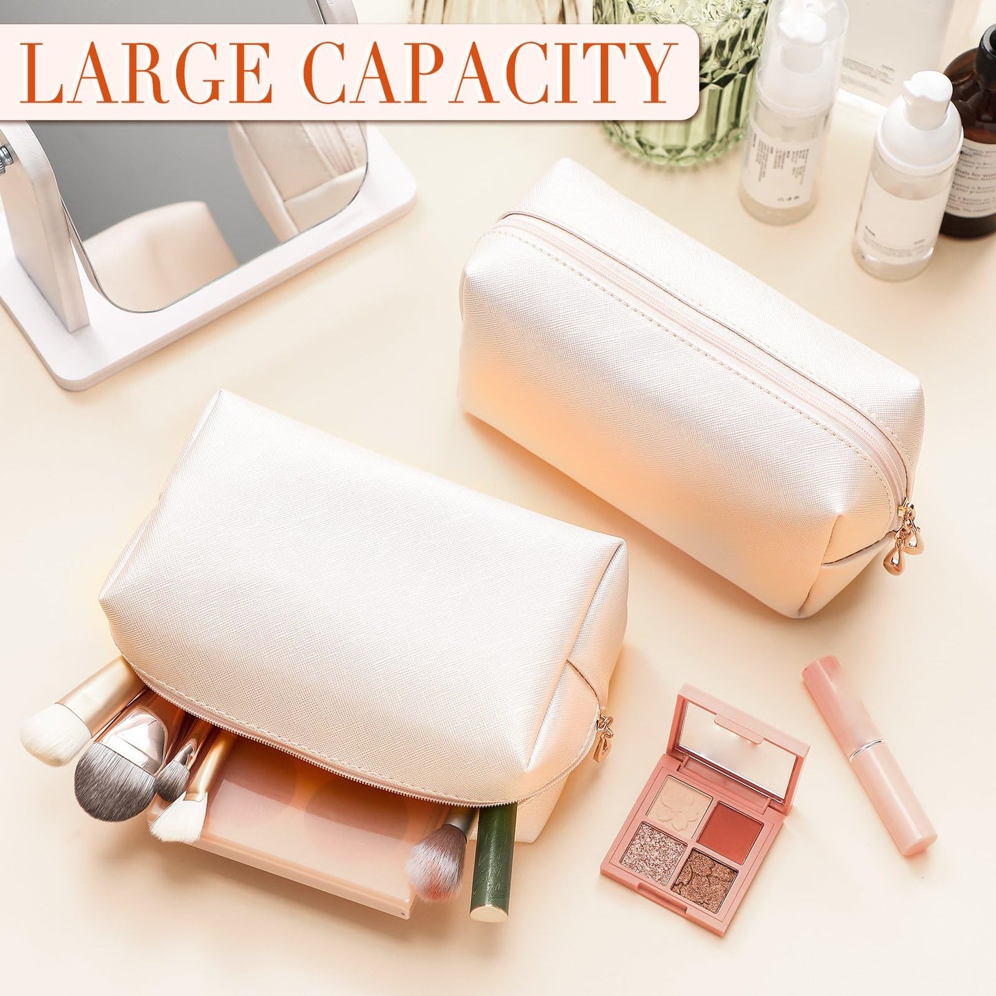 Sanwuta 9 Pcs Makeup Bags Bulk Bridesmaid Proposal Gifts Cosmetic Bags Preppy PU Leather Double Zipper Toiletry Pouch Portable Travel Organizer Case for Women Bachelorette Gift(Ivory White)