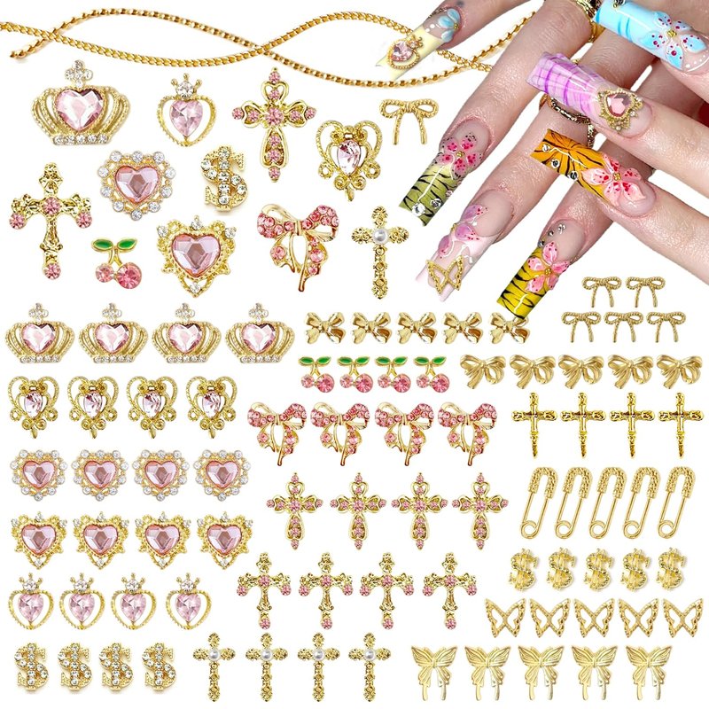 86Pcs Pink Cross Nail Charms 3D Gold Nail Charms Y2k Cute Pink Heart Cherry Bows Crown Acrylic Nail Art Rhinestones Crafting Luxury Nail Jewelry Gems Fake Money Gold Chains for Nails (Gold, Pink)