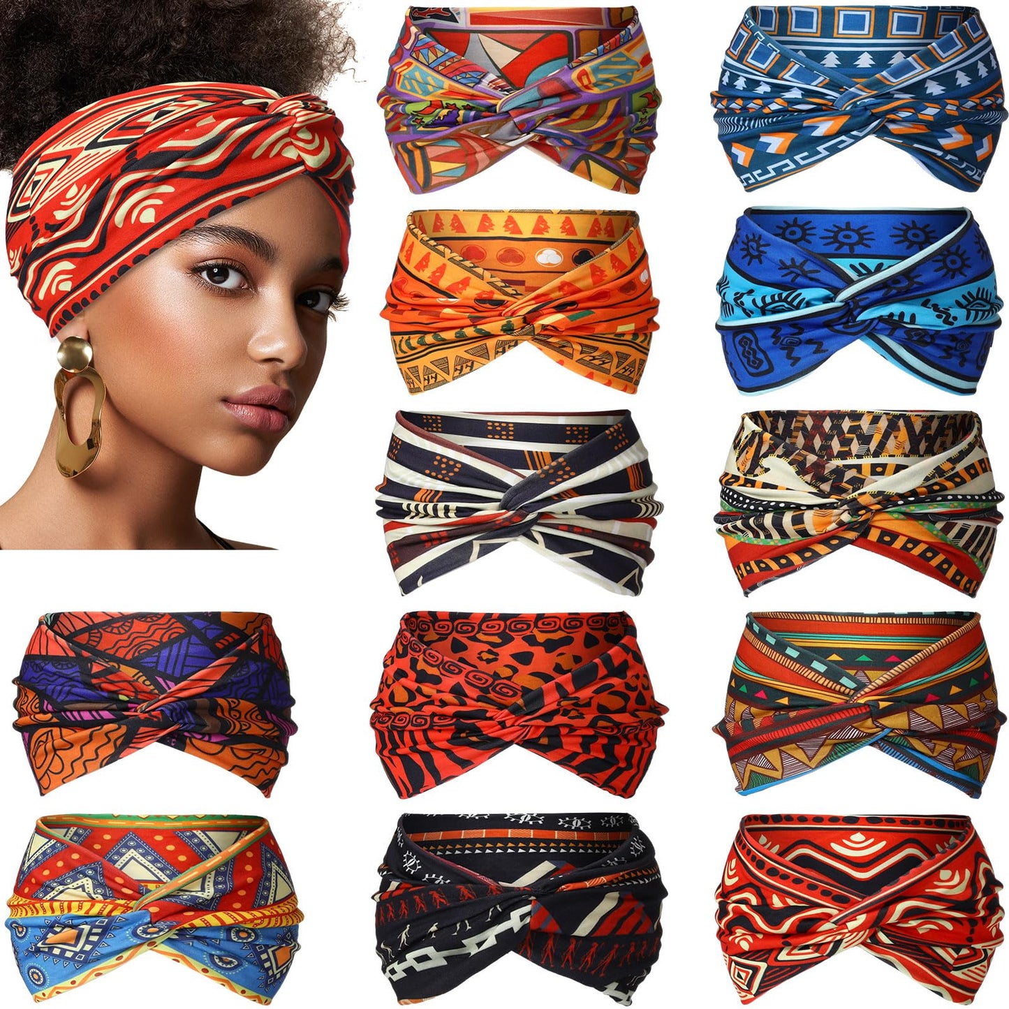 XunYee 12 Pcs Juneteenth Headbands African Boho Print Headbands for Women Yoga Twisted Knot Headwraps - Assorted Wide Elastic Bandeau Hair Accessories for Girls, Running, Sports
