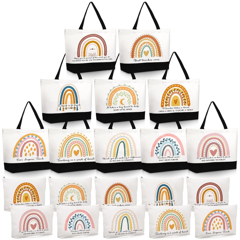 Paterr 20 Pcs Teacher Appreciation Gifts Bulk Teacher Tote Bags with Makeup Bags End of Year Gifts for Women Mom(Joyous Styles)