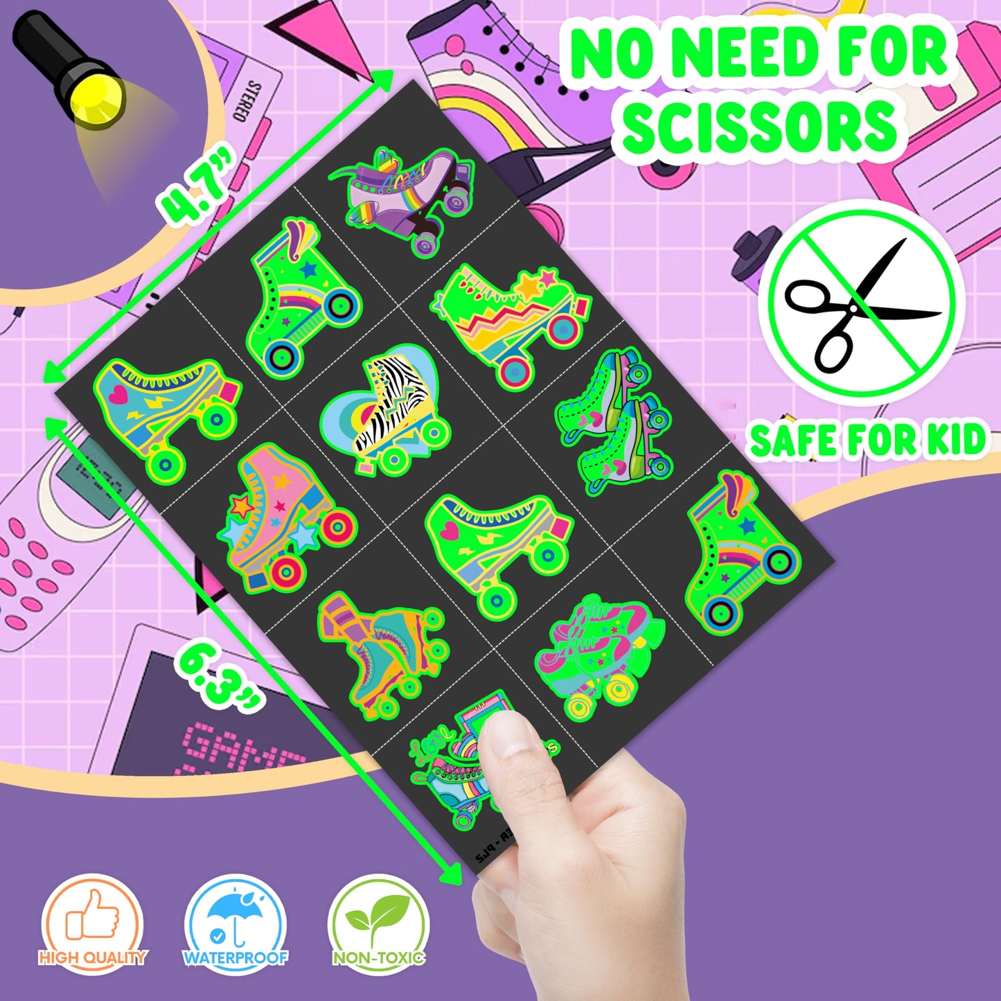 96 PCS Roller Skate Skating Pre-Cut Luminous Temporary Tattoos Themed Birthday Party Favors Decorations Supplies Decor Retro 80s 90s Disco Glow In The Dark Tattoo Stickers Gifts For Boys Girls Class