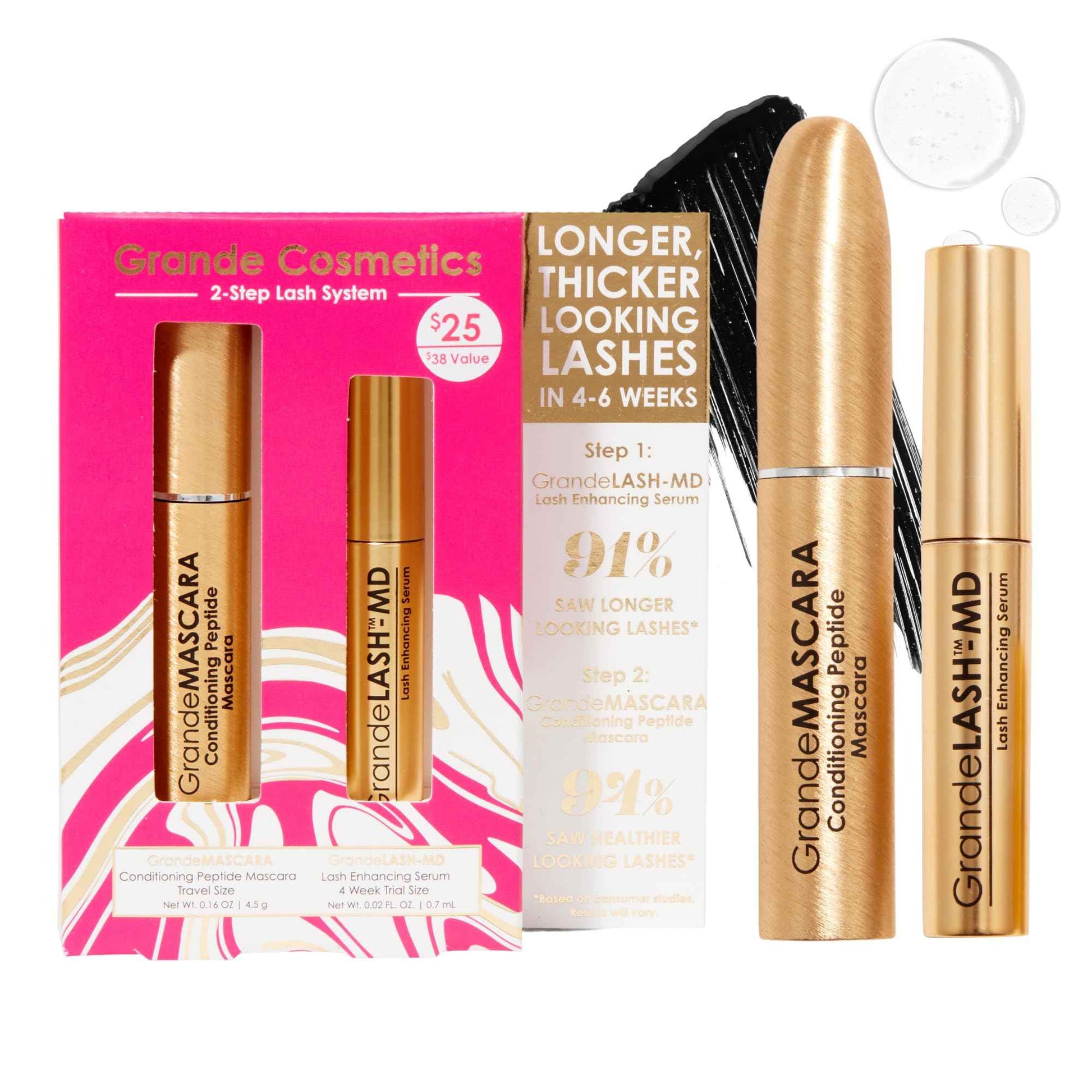 Grande Cosmetics 2-Step Lash System Set, GrandeLASH-MD & GrandeMASCARA Conditioning Peptide Mascara for Fuller, Healthier, Longer-Looking Lashes