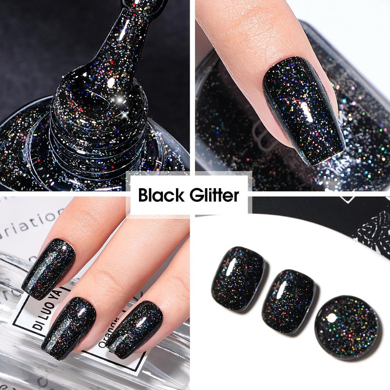 COSMOO Black Glitter Quick Dry Nail Polish 12ml, Shimmer Chip Resistant DIY Nails Art for Ladies, Vegan, Fast Drying, Streak, Long Lasting