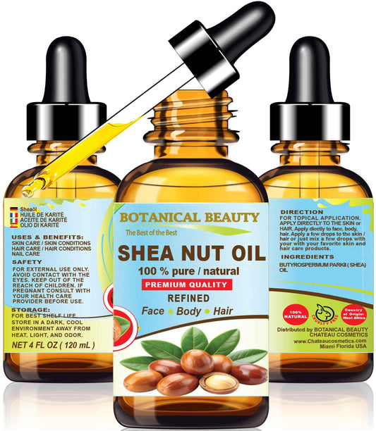 Botanical Beauty SHEA NUT OIL 100% Pure Natural Undiluted Refined Cold Pressed Carrier Oil for Face, Skin, Hair, Lip, Nails. (Karite) Nut Oil. Rich in Vitamin E, Vitamin A (4 Fl Oz)