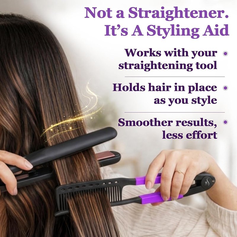 Hair Straightening Comb - Ergonomic Flat Iron Comb for Easy Styling | Reduces Heat Damage - Purple
