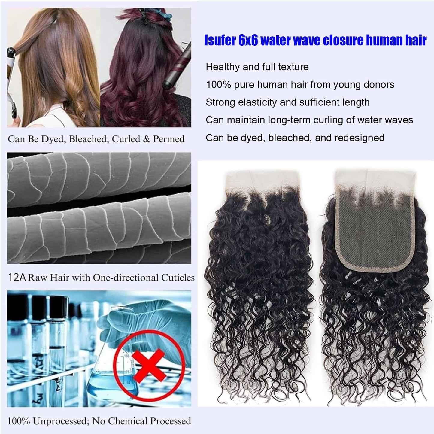 Water Wave 6x6 HD Transparent Lace Closure - 10 Inch Pre-Plucked Natural Hairline with Baby Hair | High Density Brazilian Virgin Human Hair