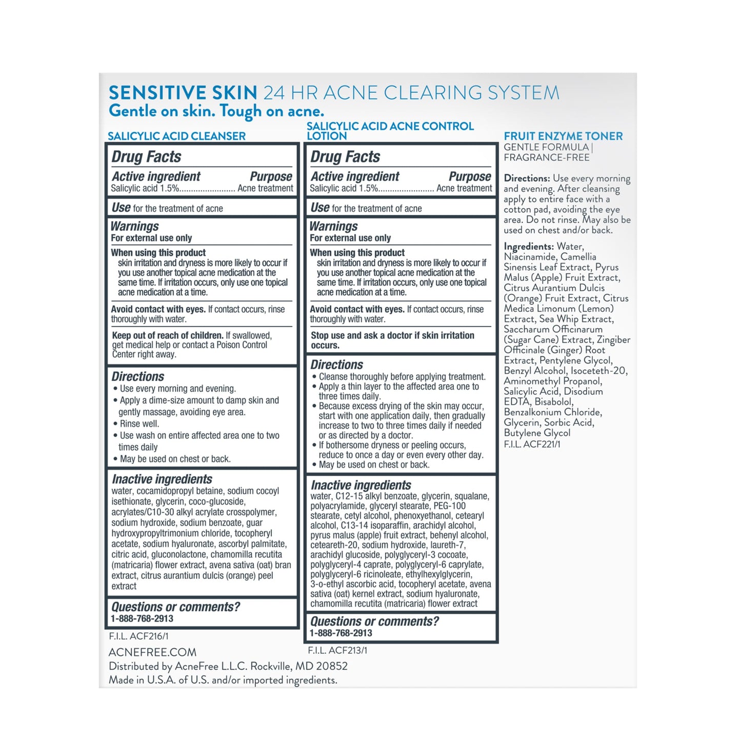 AcneFree 24Hr Acne Clearing System for Sensitive Skin, 3-Step Kit with 1.5% Salicylic Acid – Gentle, Alcohol-Free Cleanser, Toner & Lotion for Acne-Prone Skin, Dermatologist Recommended