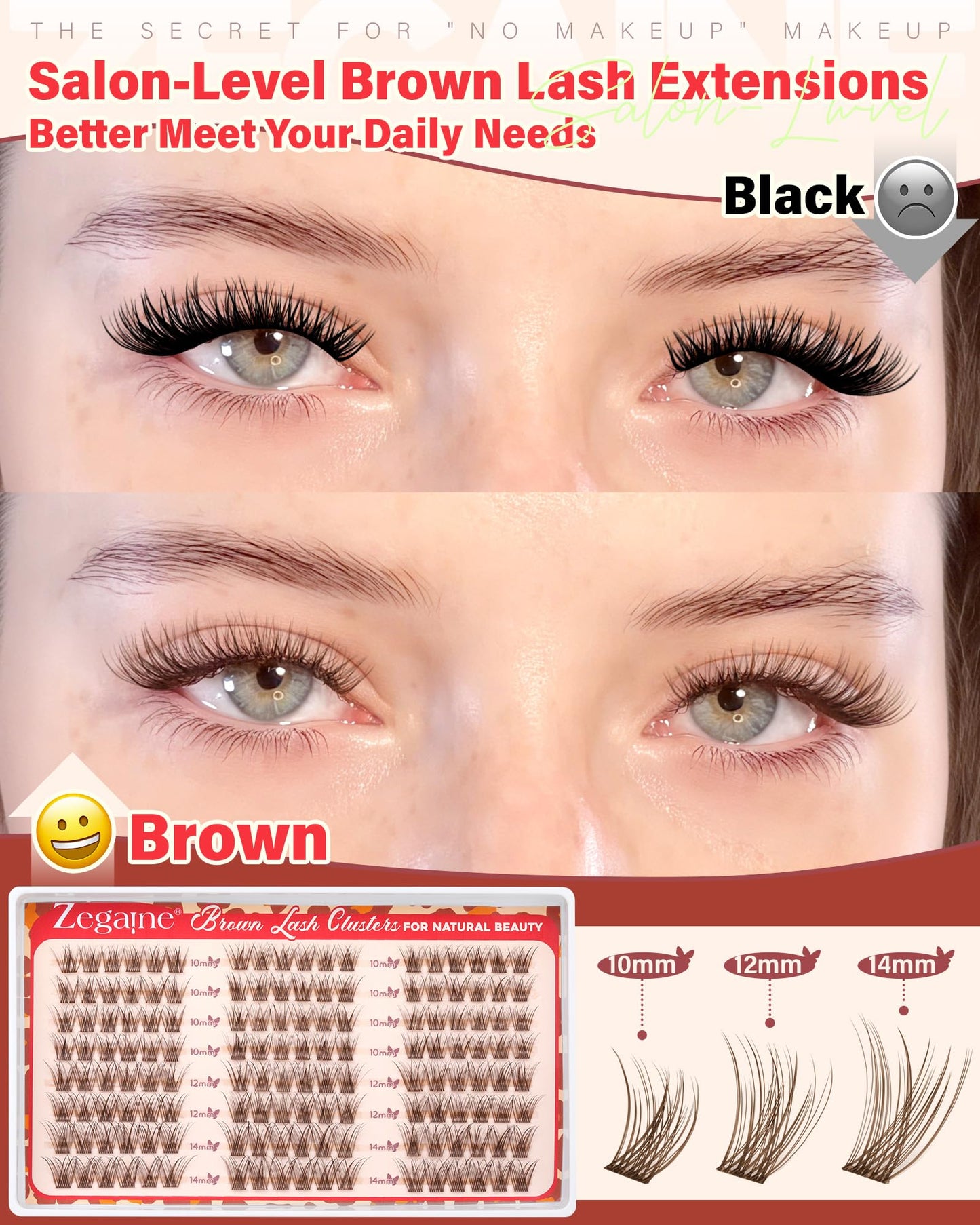 Short Brown Lash Clusters 10-12-14MM Clear Band Wispy Eyelash Clusters Natural Cluster Eyelash Extensions D-Curly Short Lashes Clusters Brown Wispy Cluster Lashes Natural Look 144Pcs by Zegaine