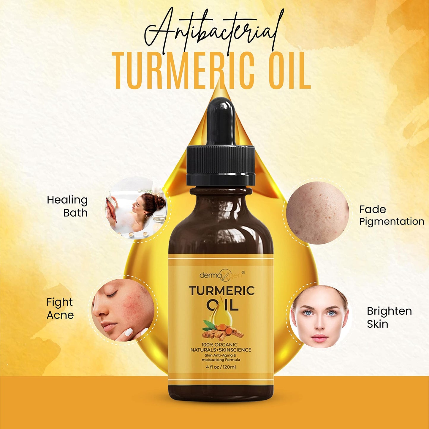 DERMAXGEN Organic Turmeric Oil for Skin Lightening - Turmeric Face Oil for Dark Spots, Anti-Aging & Hydrating Dry Skin - Glow Moisturizer for Face, Neck & Eyes (4 FL OZ / 60 ML)