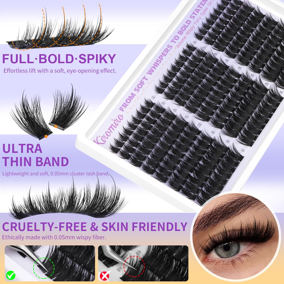 Kiromiro Lash Clusters with Spikes Eyelash Clusters Fluffy 12-20mm Cluster Eyelash Extensions 216pcs Individual Lashes Clusters Wispy DIY Lash Extension Cluster Lashes Mink