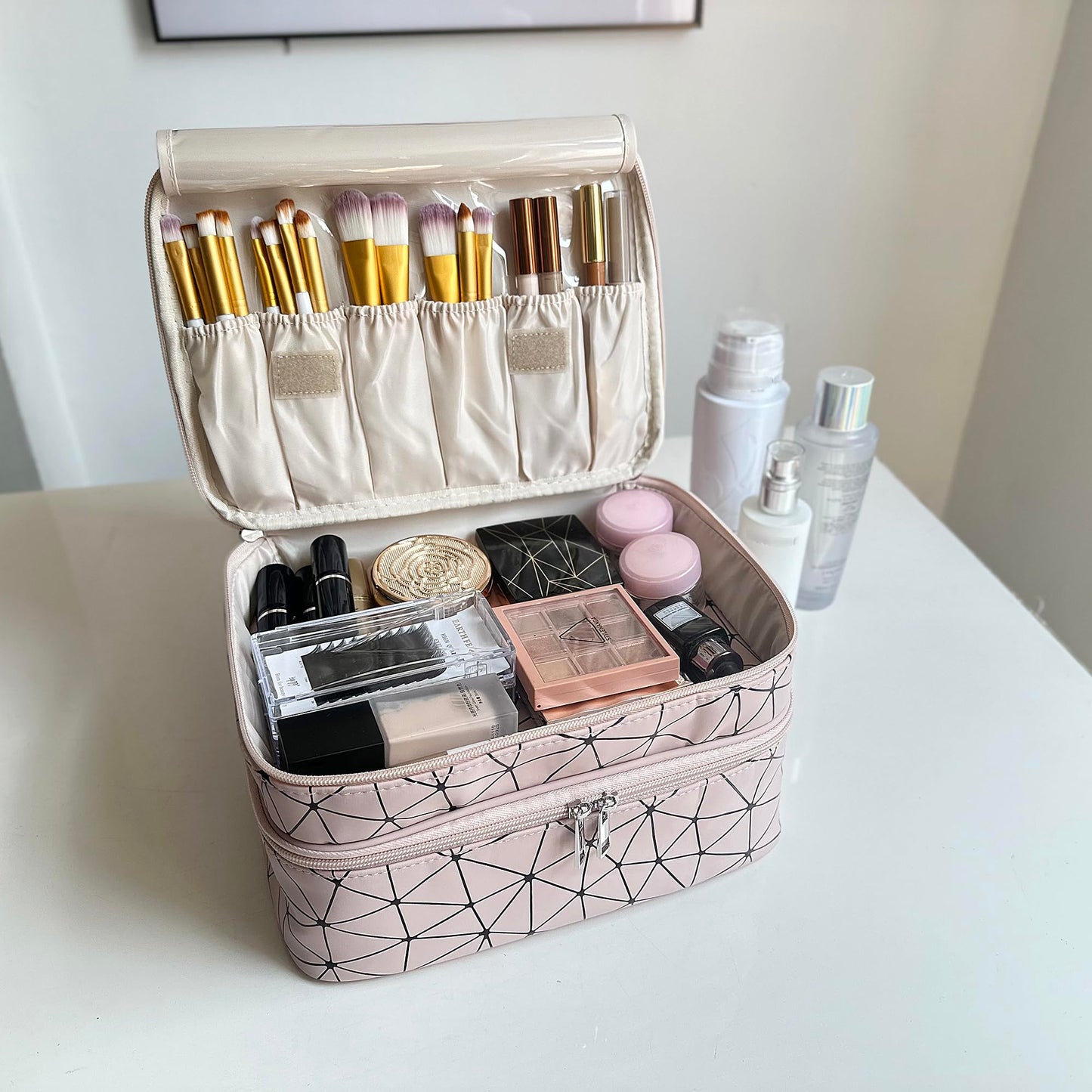 MKPCW makeup bag large Double-layer cosmetic bag with brush bag and divider (Pink+ three dividers)