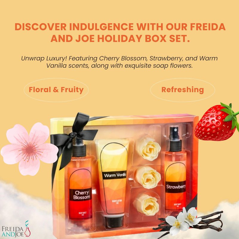 Fine Fragrance Body Mist & Body Splash Gift Set – Luxury Self-Care Combo for Women and Girls (Cherry Blossom, Strawberry, Warm Vanilla, Rose Soap) – Mother's Day Gift for Mom