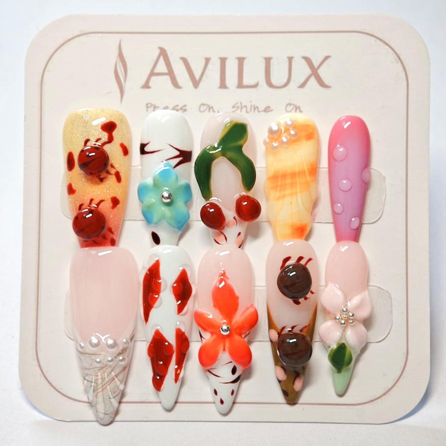Press On Nails - 3D Designer Nail Art Set | Handmade & Reusable, Tropical Paradise Mix, Medium Size, 10 Pcs