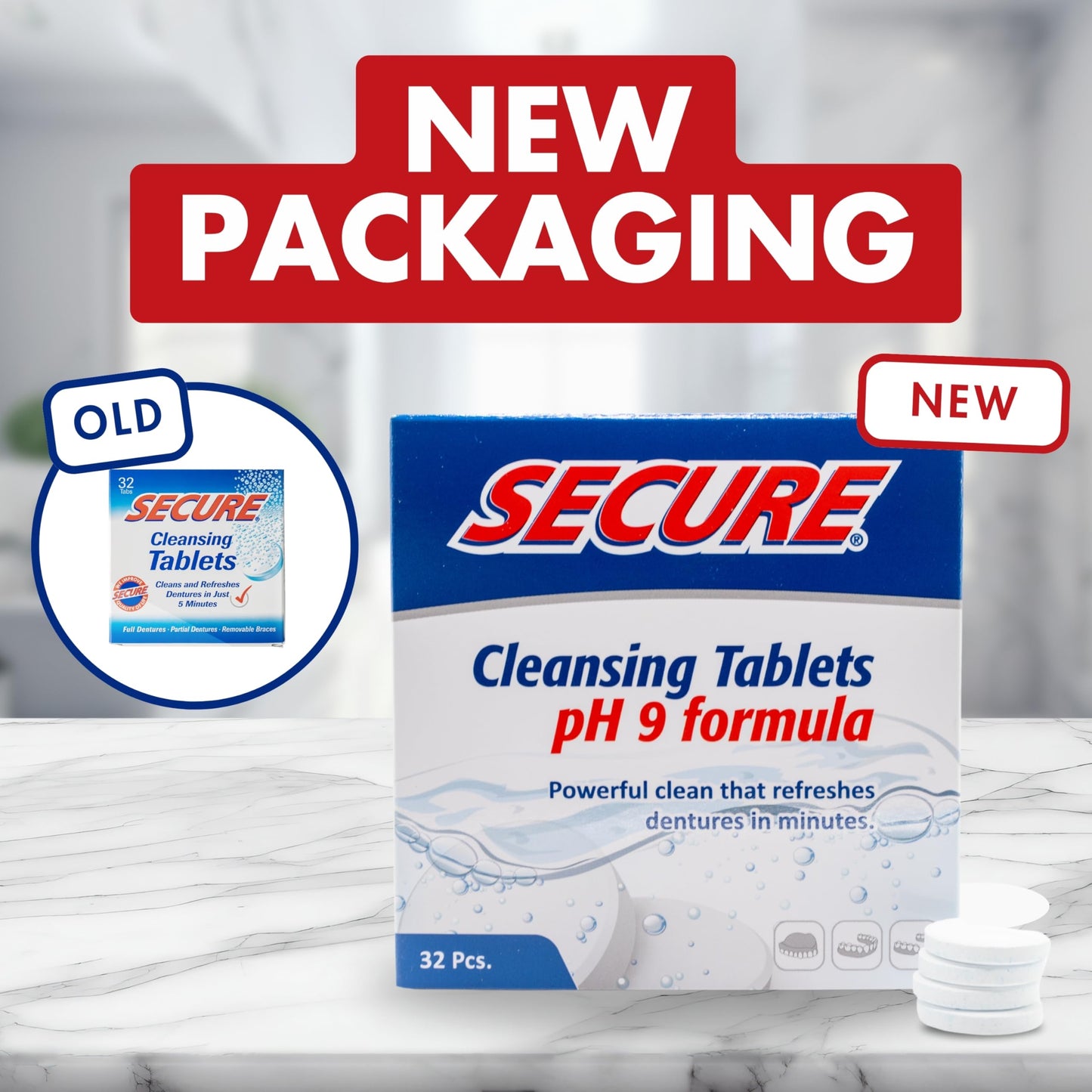 Secure Daily Cleansing Tablets - pH 9 Formula Thoroughly Cleans Dentures - Fights Odors, Stains & Germs - For Dentures, Nightguards, Retainers & Partials - 32 Tablets (3 Pack)