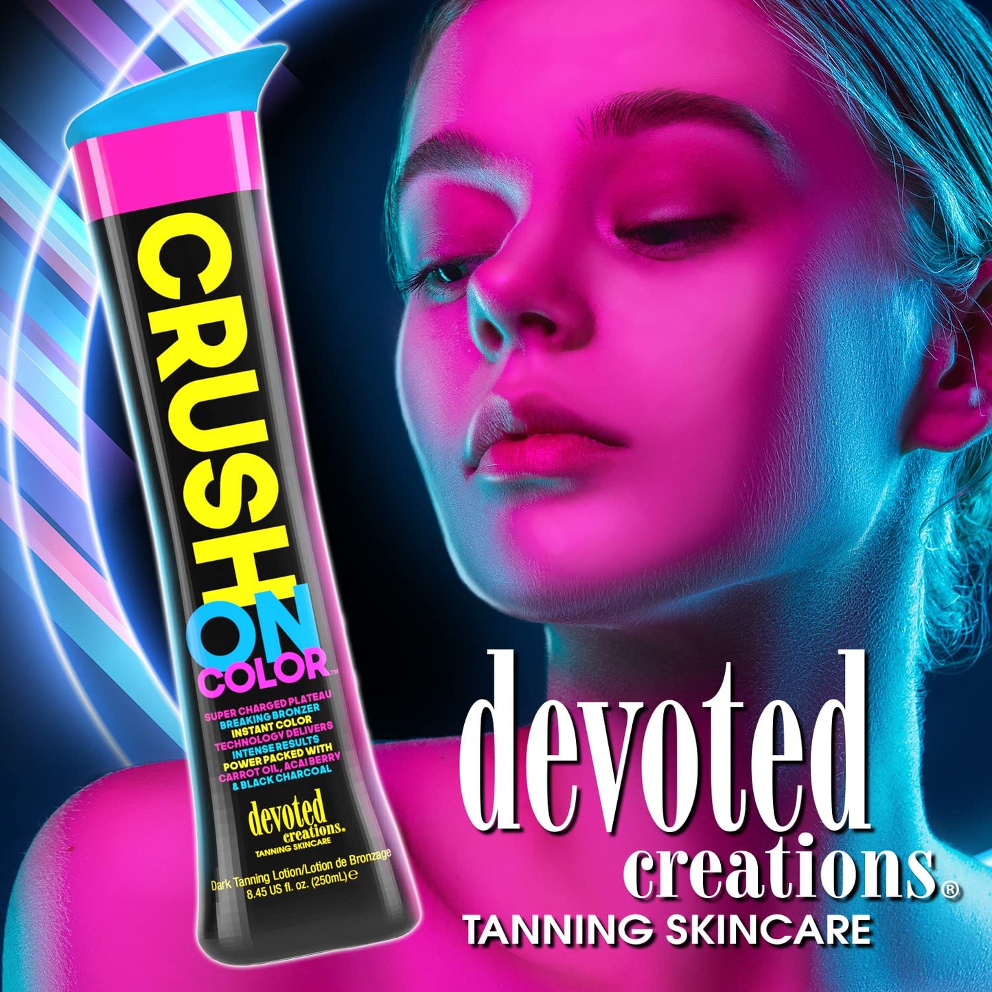 Devoted Creations Crush On Color Tanning Lotion - Super Charged Dark Bronzer - Instant Color Technology - Power Packed with Carrot Oil, Acai Berry & Black Charcoal - 8.45 oz.