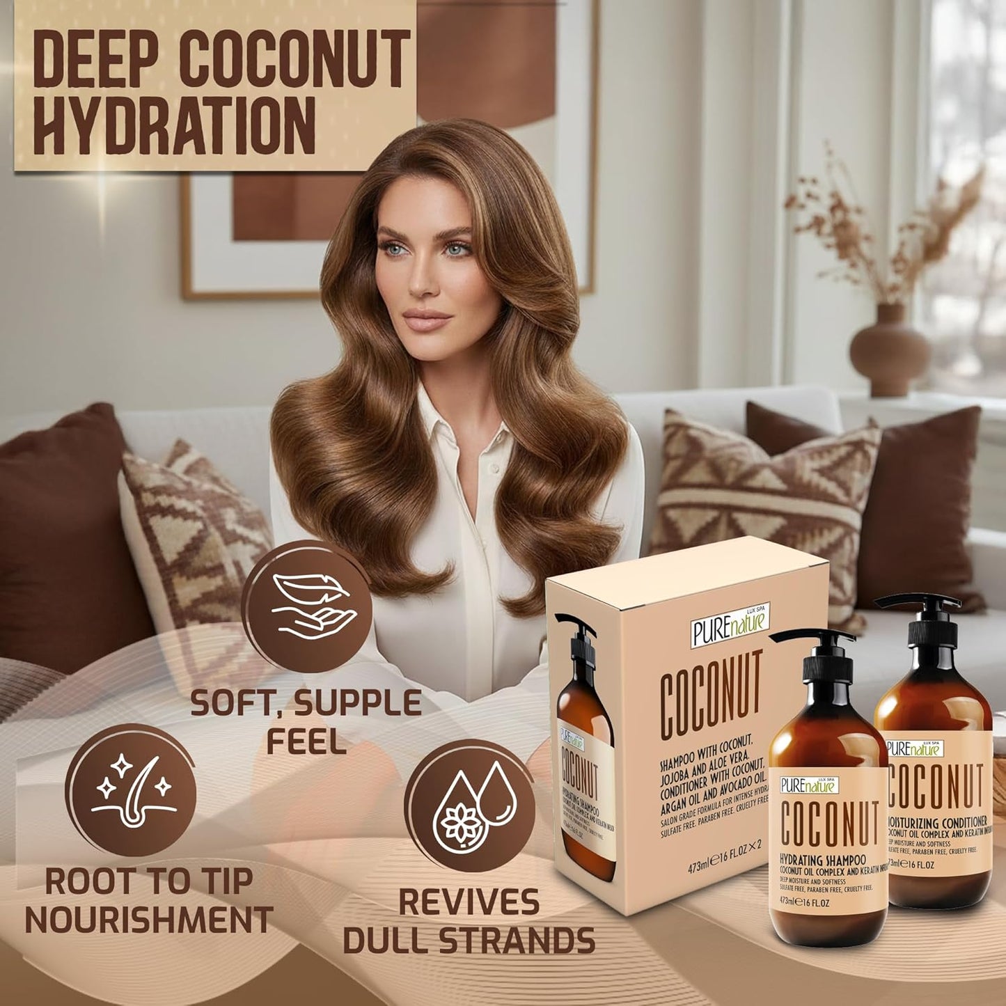 Coconut Shampoo and Conditioner Set - Sulfate-Free Hydrating Duo for Dry, Frizzy Hair | 16 Fl Oz (Set of 2)