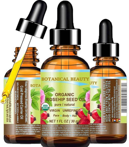 Botanical Beauty Organic ROSEHIP SEED OIL 100% Pure Natural Virgin Unrefined Cold-pressed Carrier Oil 1 Fl Oz 30 ml For Face, Skin, Body, Hair, Lip, Nails, Rich in vitamin C, Vitamin E, Anti-Aging
